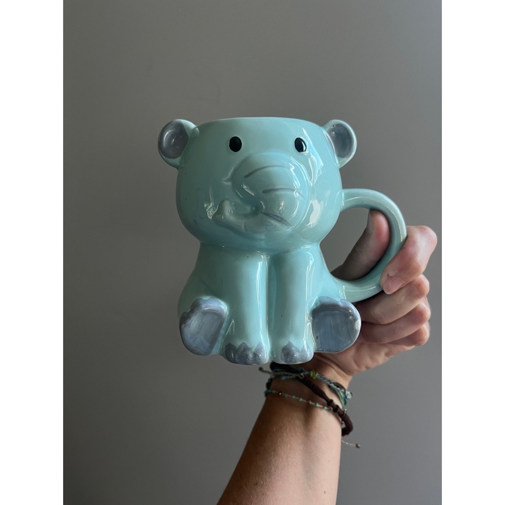 Blue Ceramic Elephant Coffee Mug 3D Sculpted Cup Animal Baby Shower Gift Whimsy